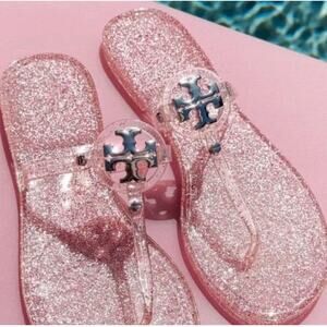 Tory Burch Mini Miller Flat Thong Sandal 10 Jelly Flip Flop Pink Glitter Silver